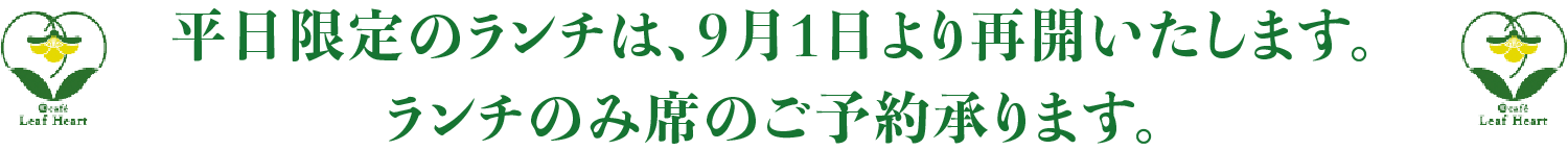 平日限定のランチは、9月1日より再開いたします。ランチのみ席のご予約承ります。